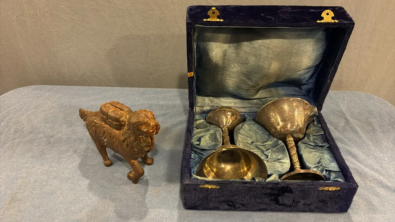 Cast Iron Dog Bank & Goblets