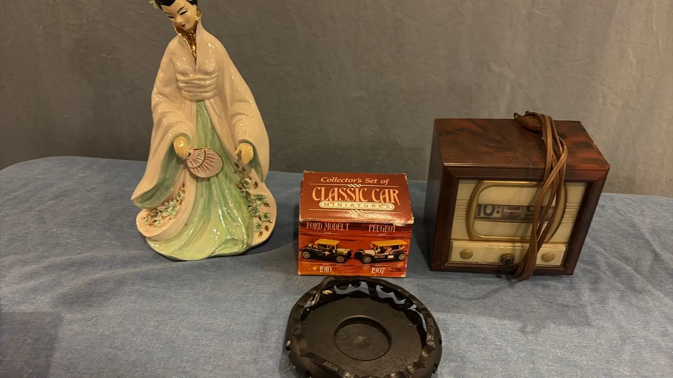 Lady Figurine, Miniature Cars & Vintage Clock