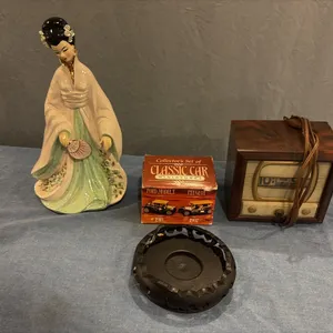 Lady Figurine, Miniature Cars & Vintage Clock