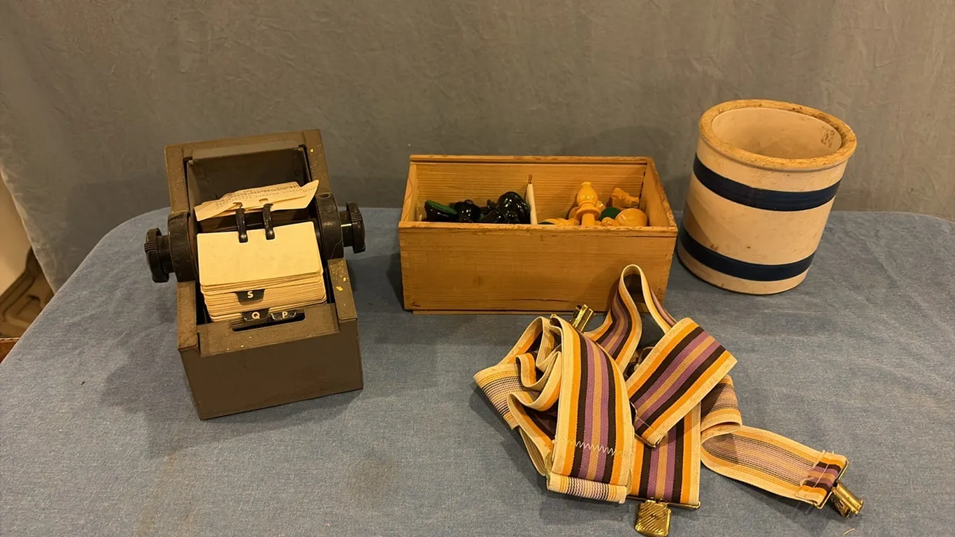 Chess Pieces, Small Crock, Rolodex & Suspenders