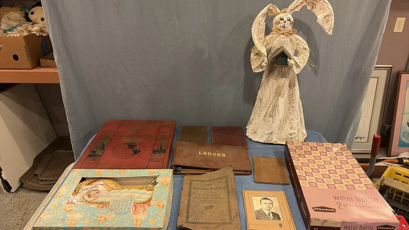 Water Bottle, Bunny Decor & Vintage Books