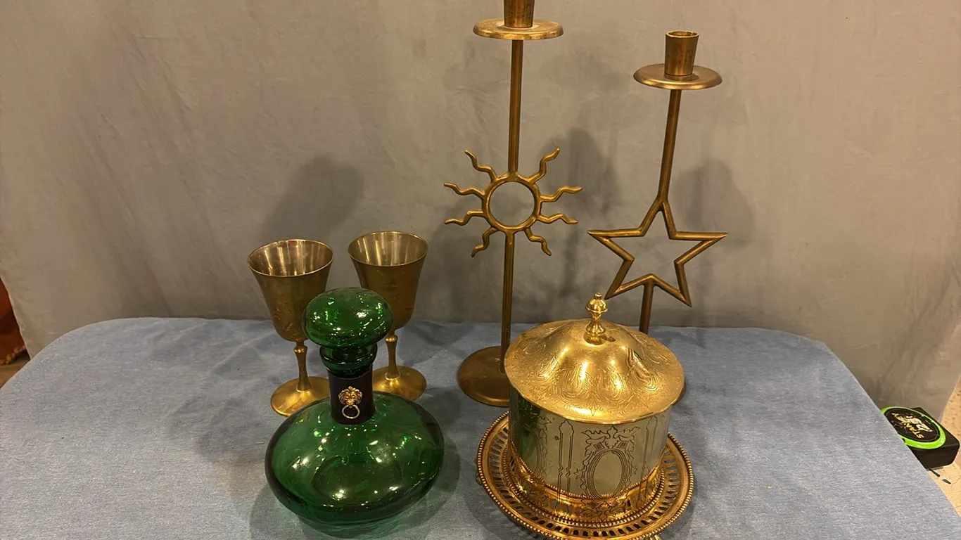 Green Glass Decanter & Gold Decor