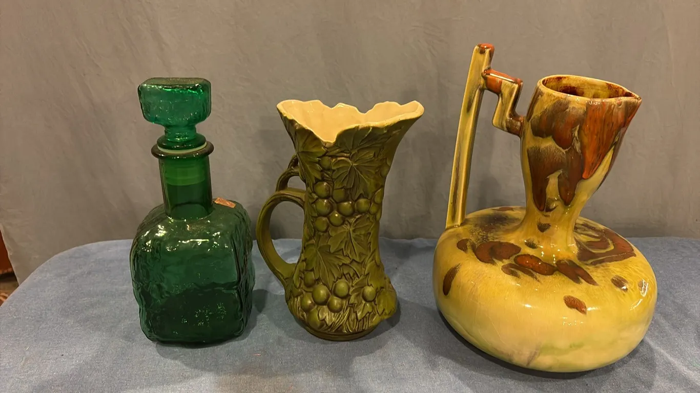 Green Glass Decanter & Ceramic Vases