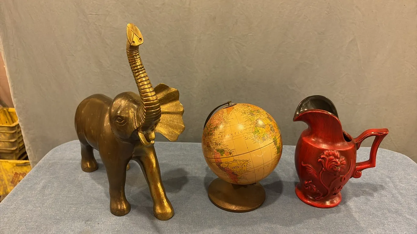 Elephant Statue, Small Globe & Red Decorative Pitcher