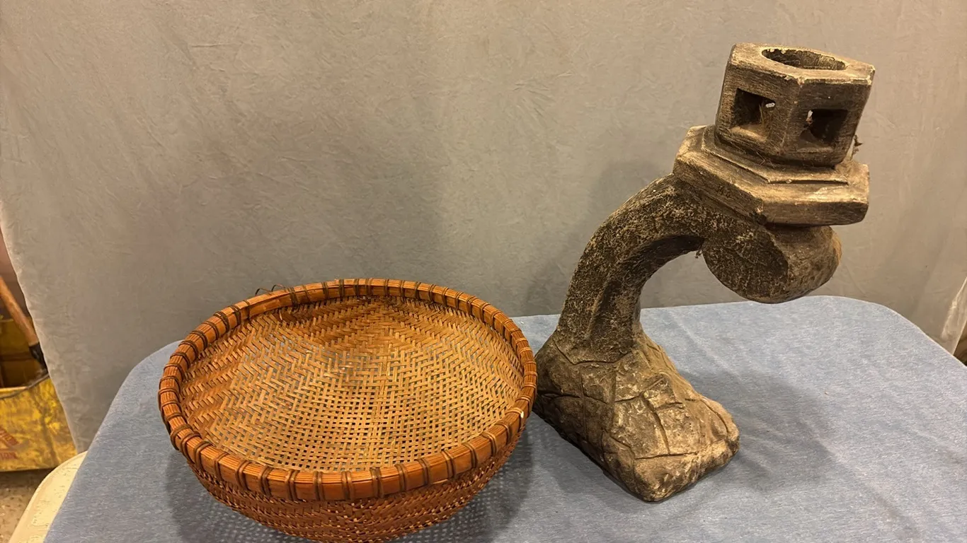 Stone Lantern & Wicker Basket