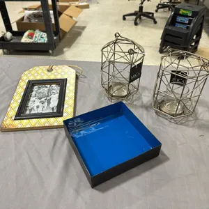 Picture frame, votive lanterns, metal tray