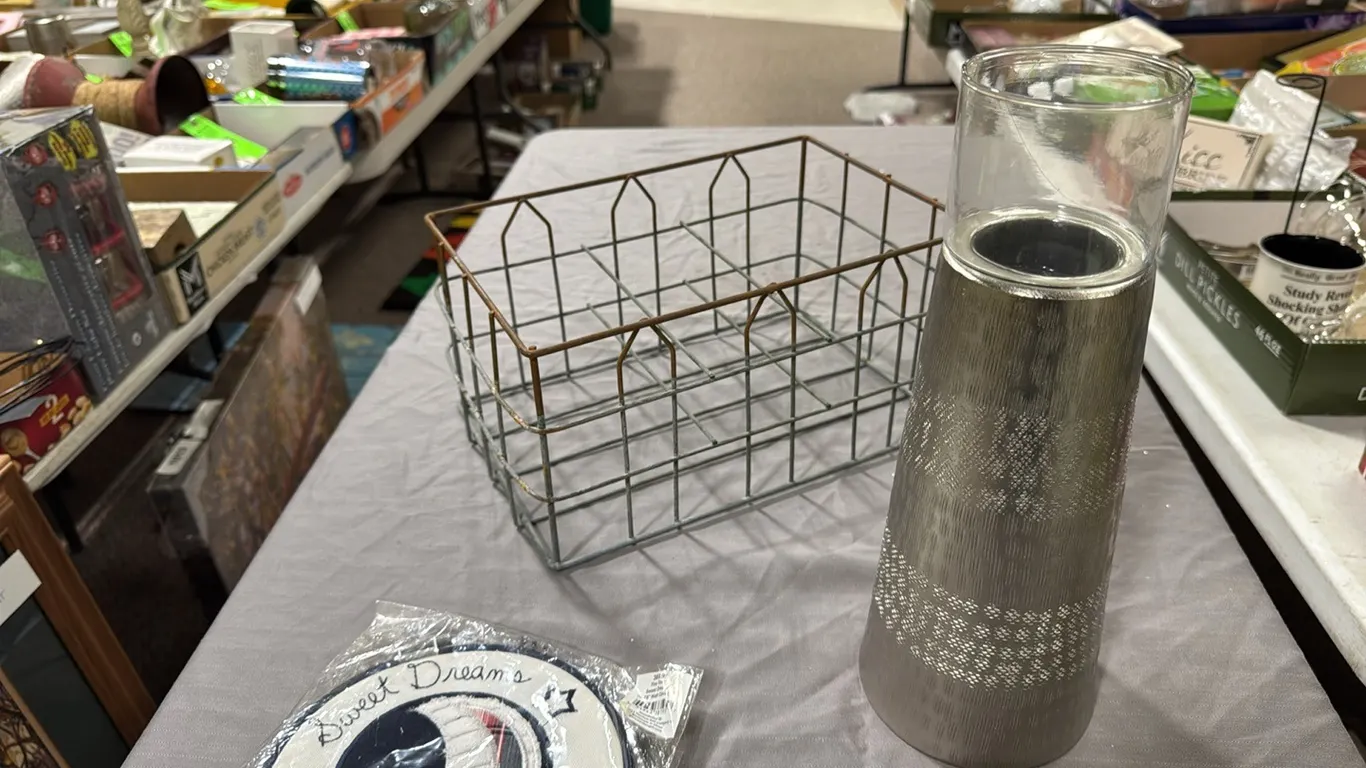 Wire basket, candle holder, sign
