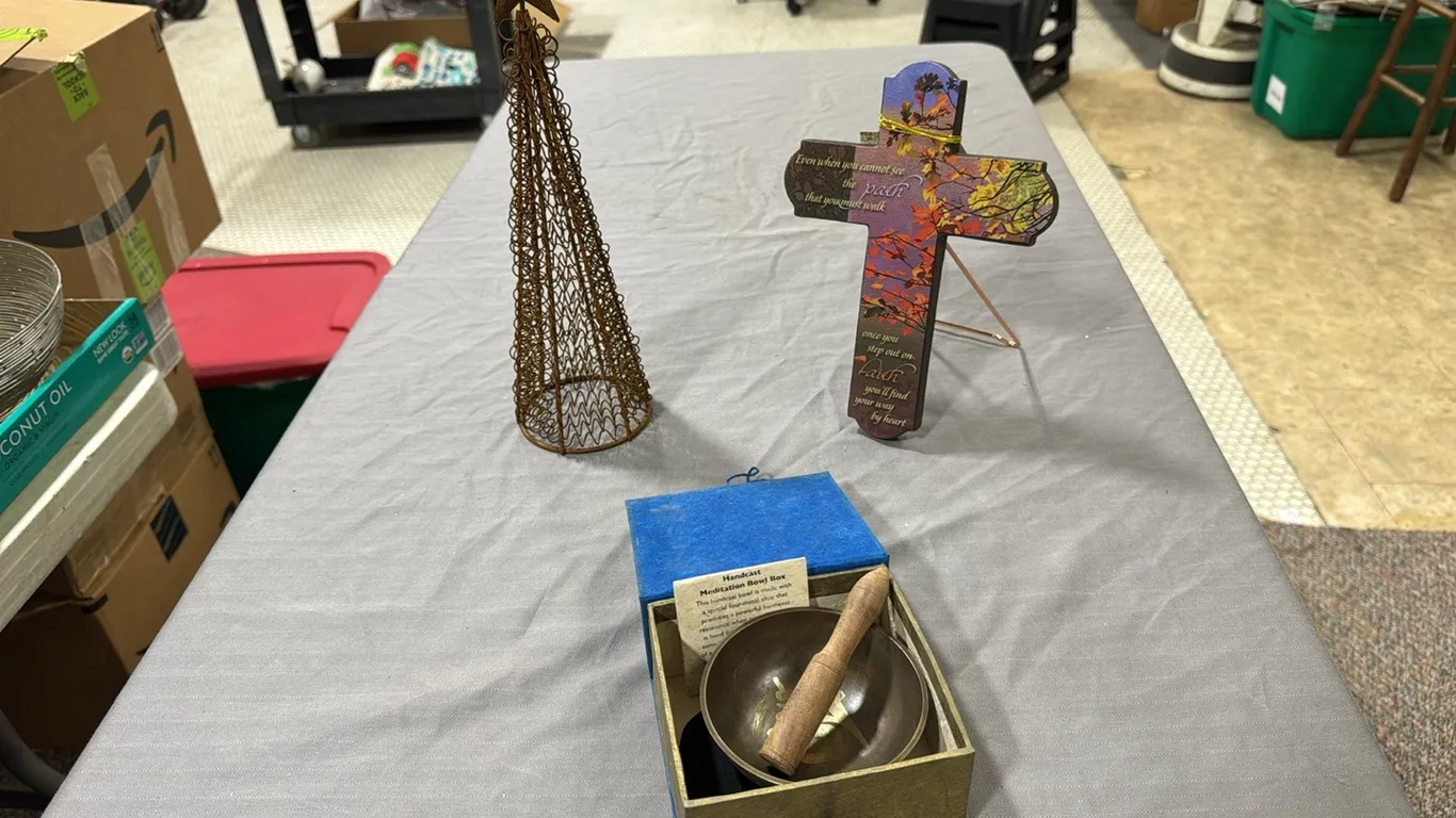 Cross, wire tree, meditation bowl