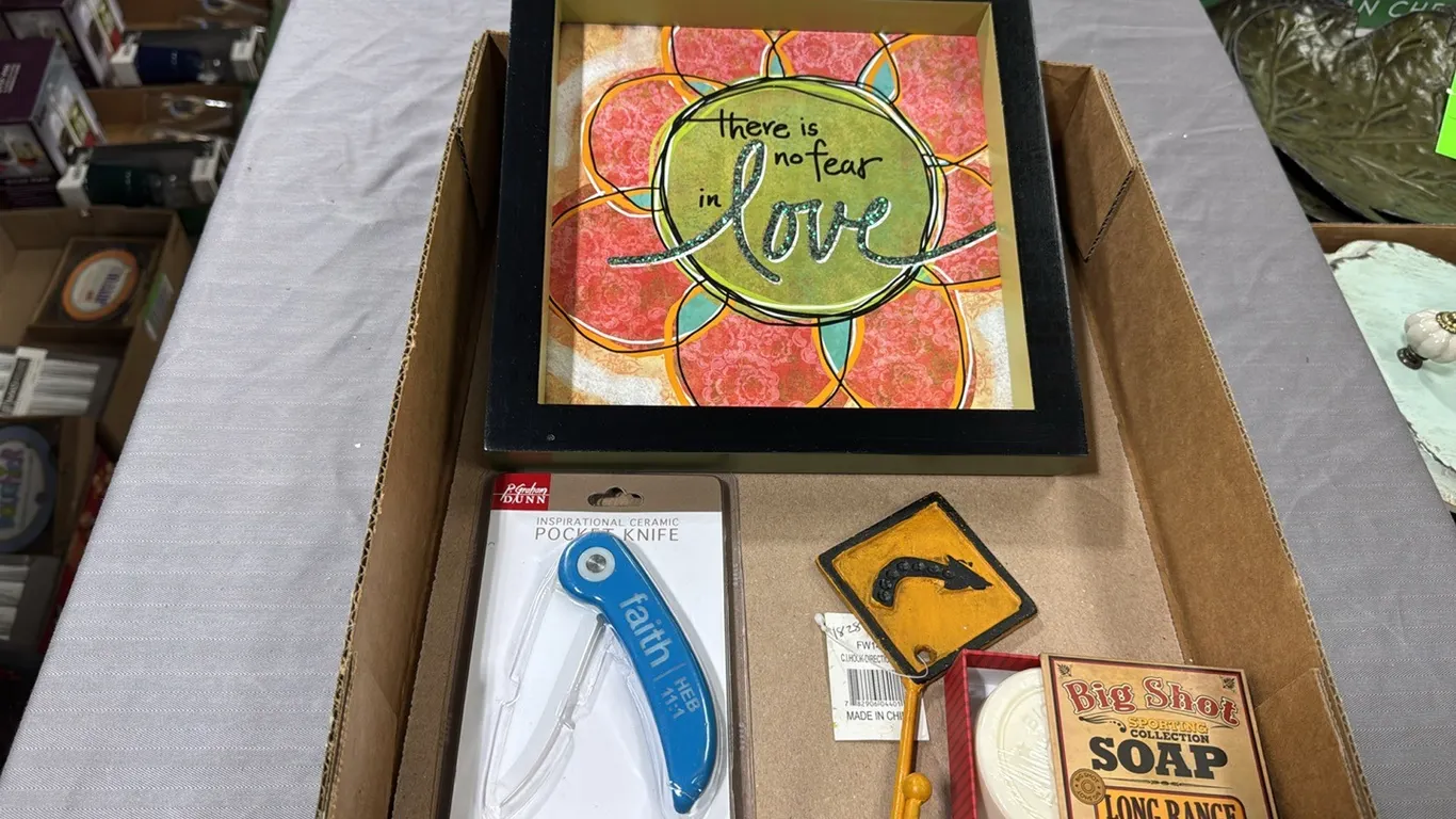 Sign, pocket knife, soap