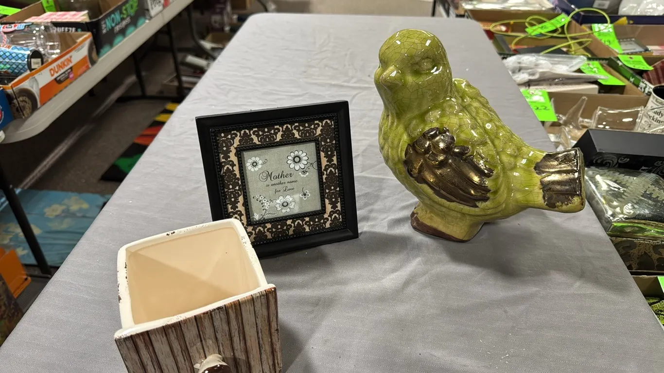 Bird figurine, planter, frame