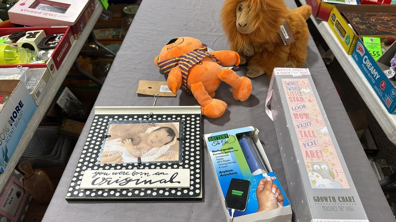 Stuffed animals, growth chart, frame