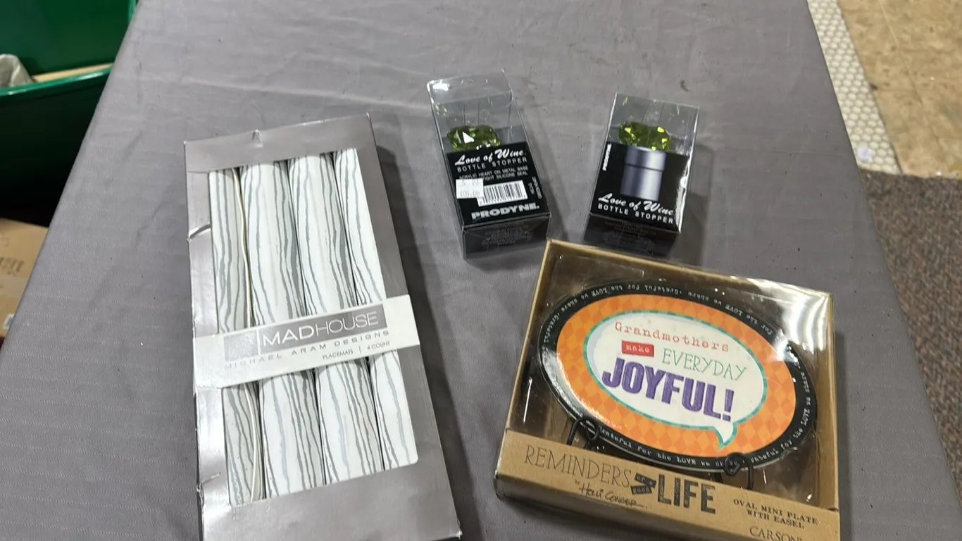 placemats, plate, bottle stoppers