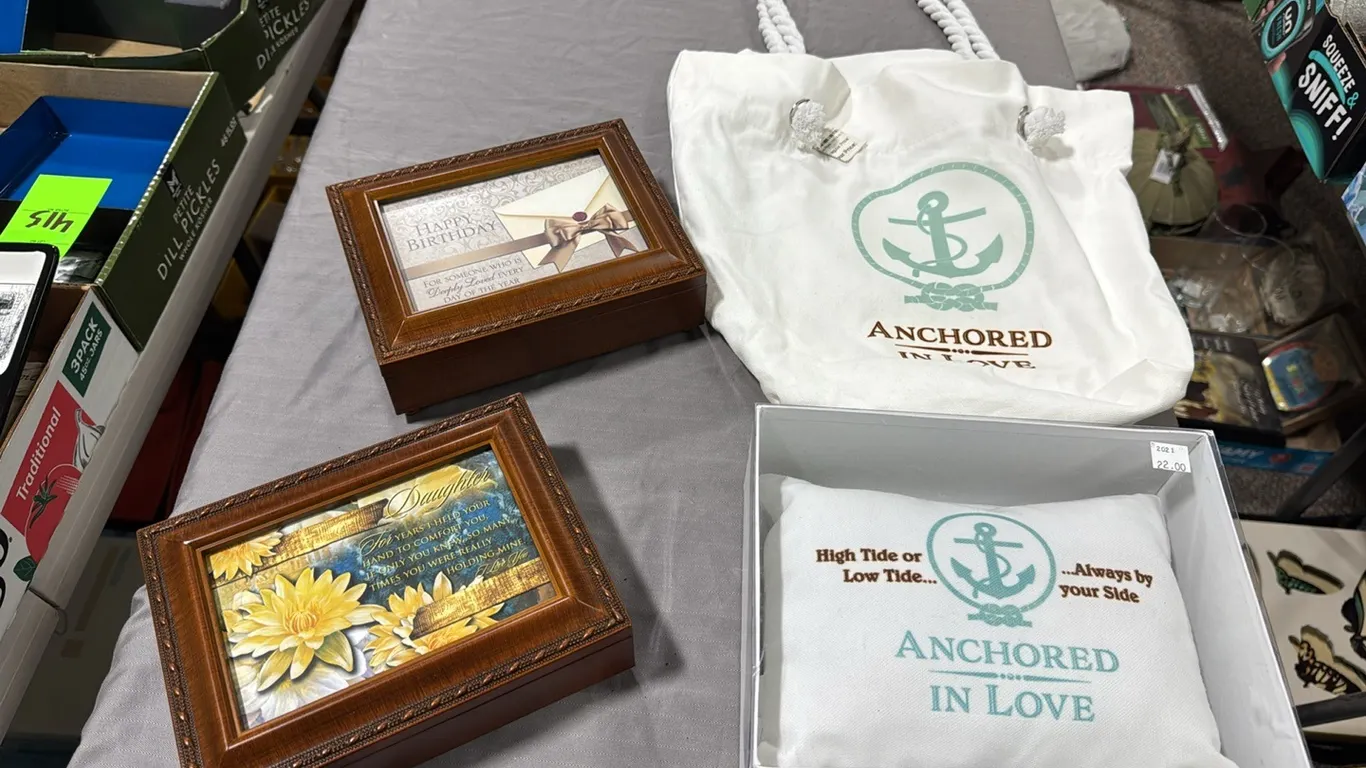 Musical treasure boxes, pillow, bag