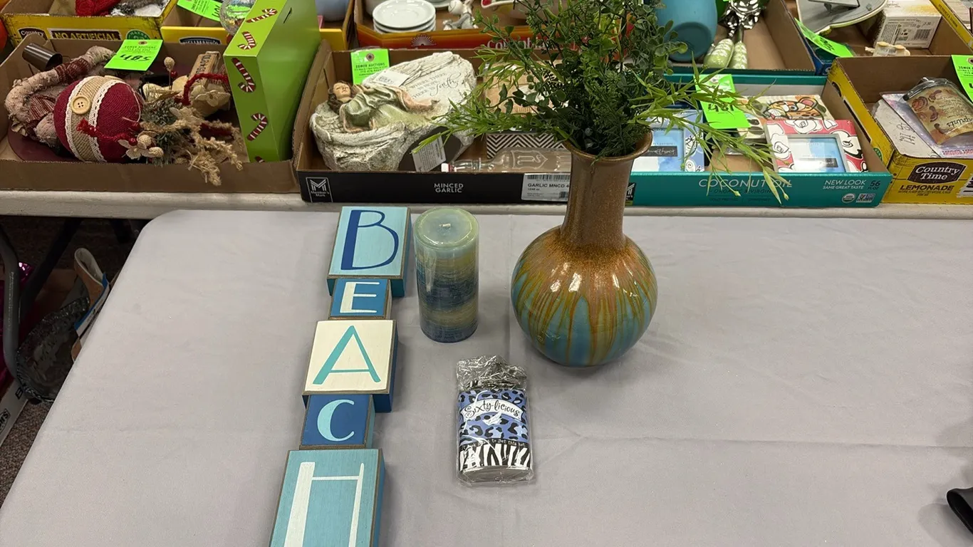 Beach Sign, Flask, Candle & Vase w/ Florals
