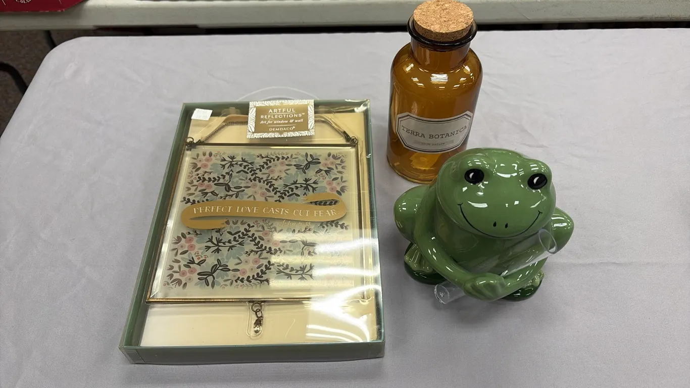 Frog Statue, Amber Bottle & Glass Decor