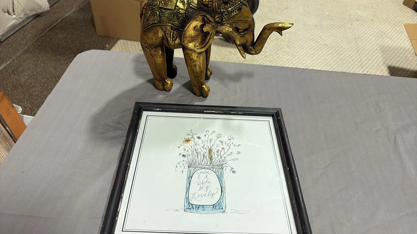 Elephant Figurine & Floral Picture