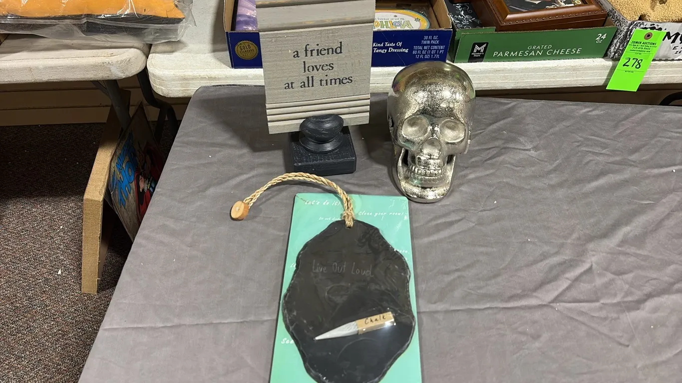 Skull Statue, Chalkboard & Friend Sign