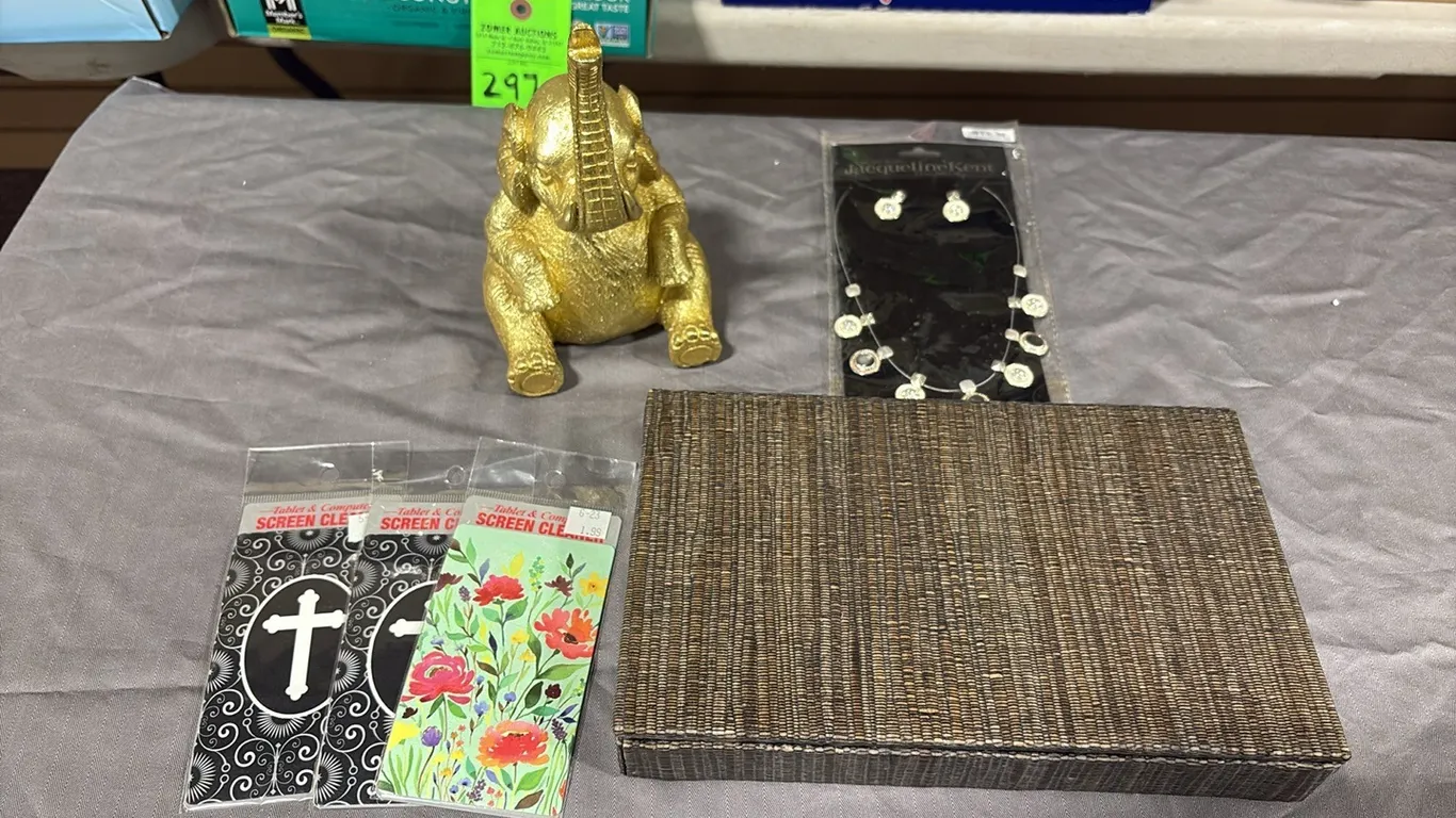 Elephant Statue, Jewelry, Screen Wipes & Jewelry Box