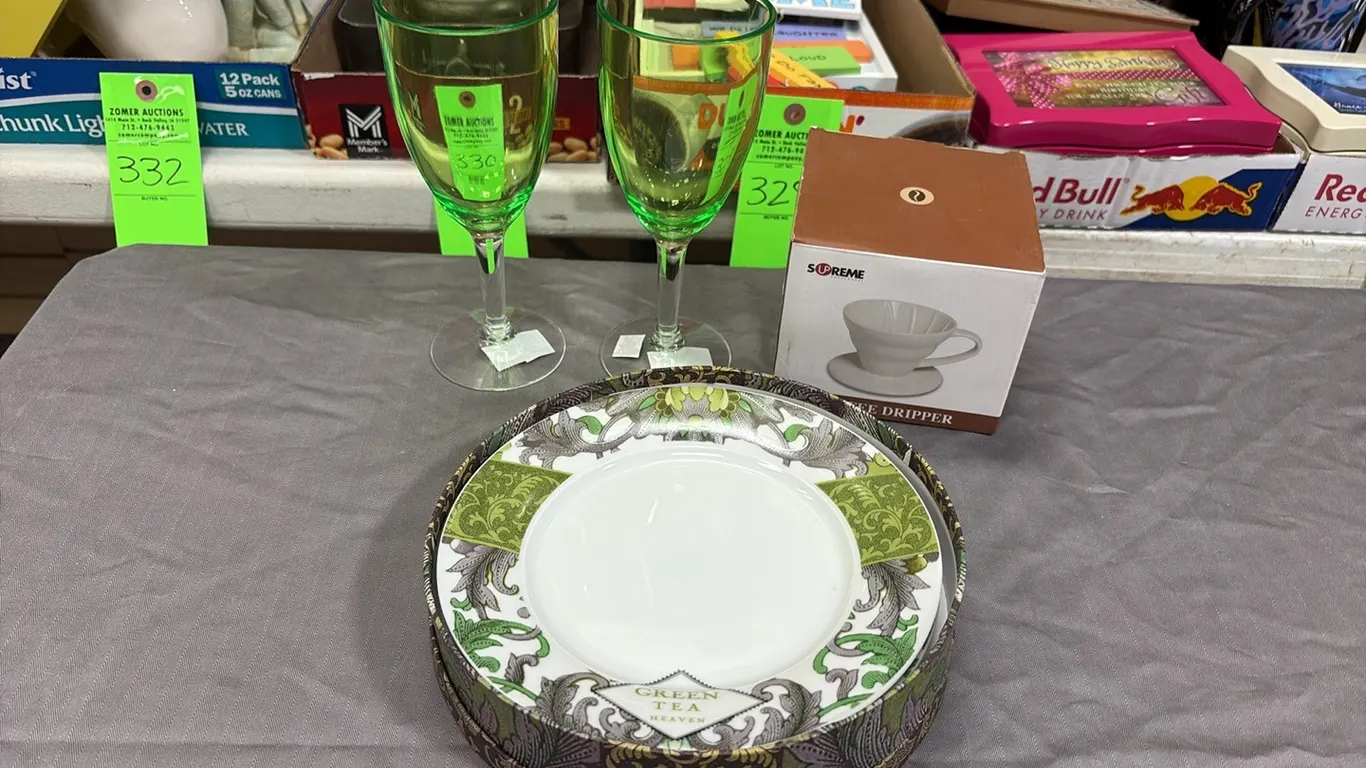 Coffee Dripper, Plates & Stemmed Glasses