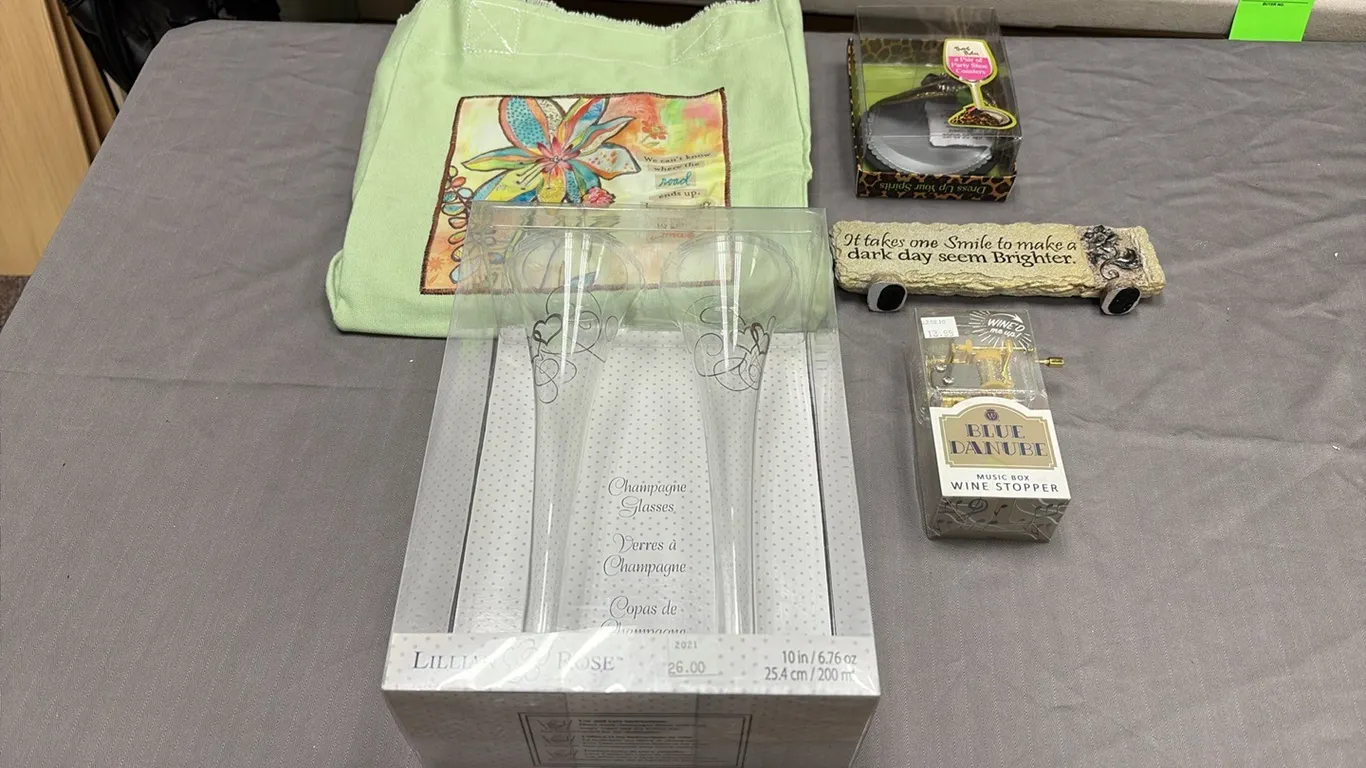 Tote Bag, Wine Stopper, Coasters & Champagne Glasses