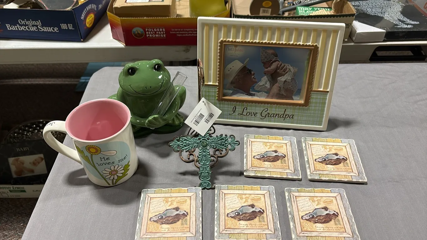 Coasters, Frog Statue, Mug & Picture Frame