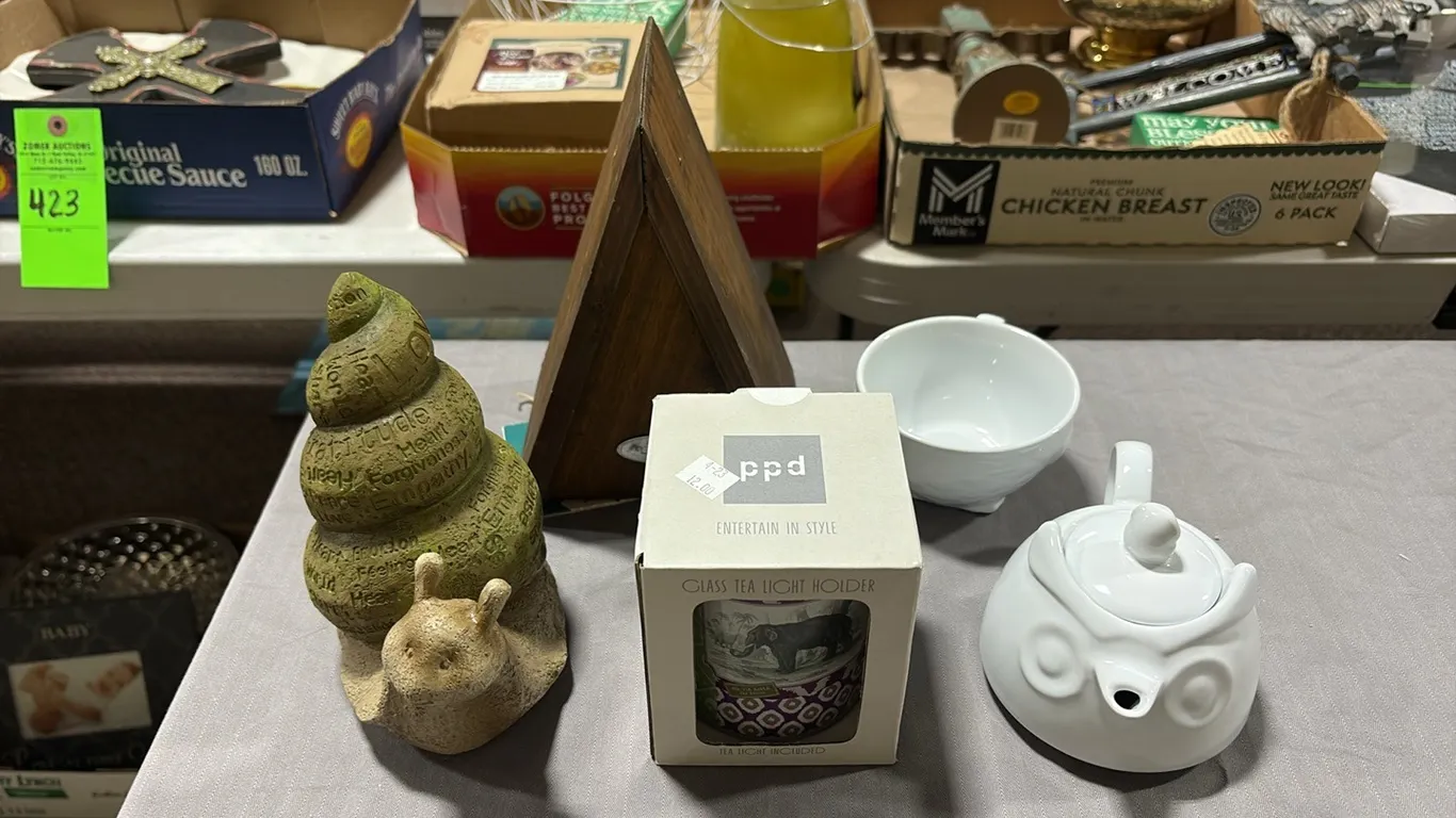 Snail Statue, Owl Teaset & Mug