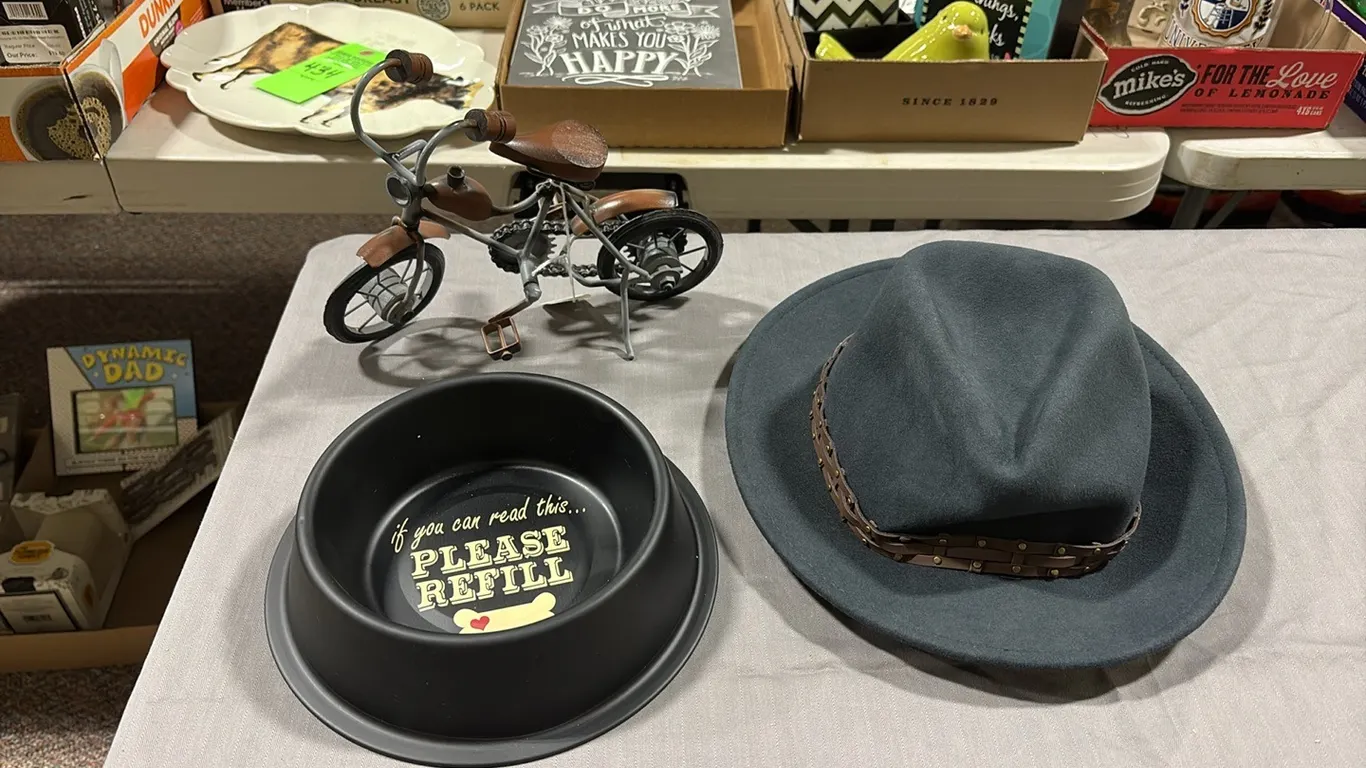 Hat, Dog Bowl & Bike Decor