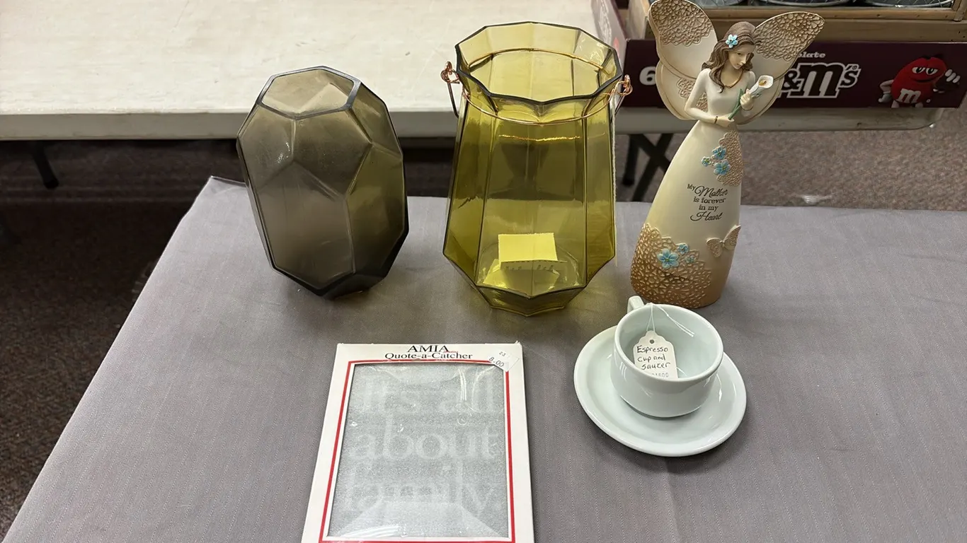 Vases, Angel Figurine, Cup/Saucer & Art Glass