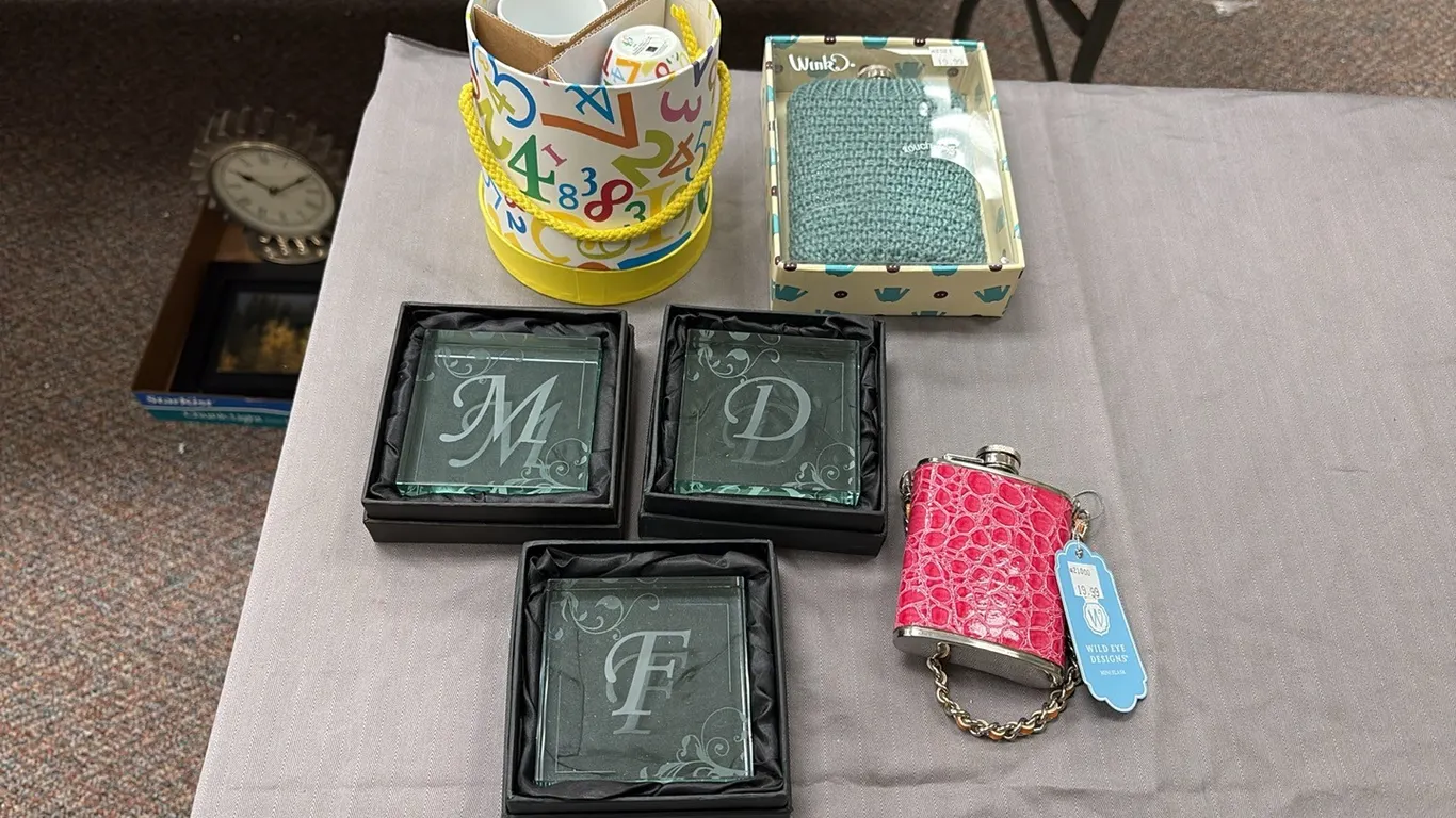 Glass Letters, Flasks & Small Tea Set