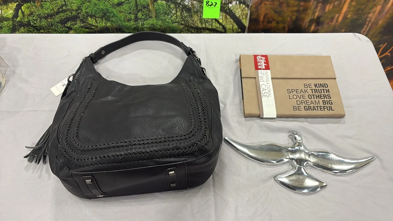 Black Leather Purse, Ipad Case & Bird Decor