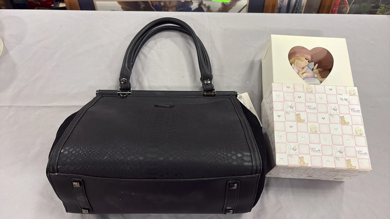Black Leather Purse & Kids Figurine