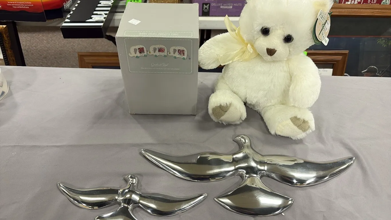Elephant Picture Frames, Stuffed Bear & Metal Birds