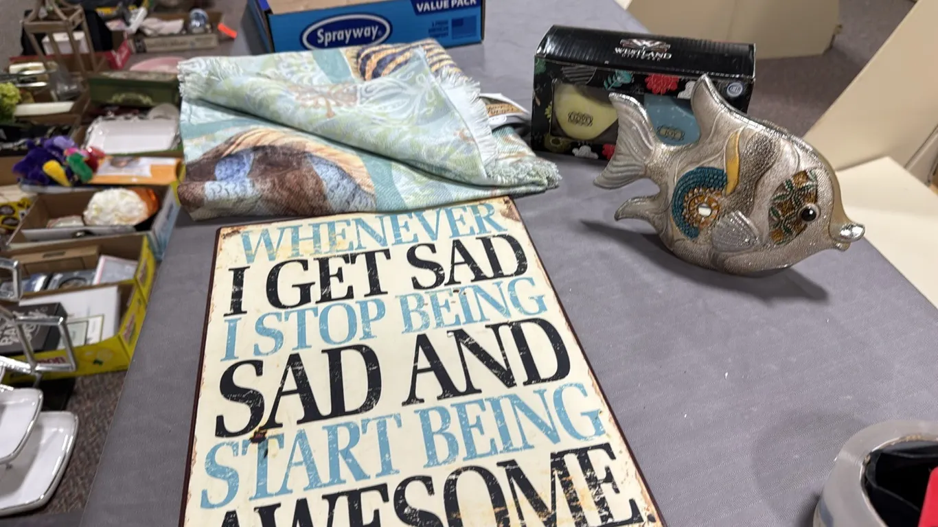 Table cloth, sign, fish, shakers