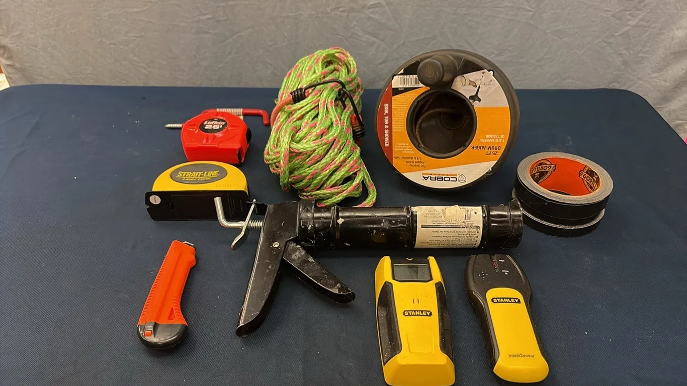 Stud Finders, Laser Level, Rope & Drum Auger