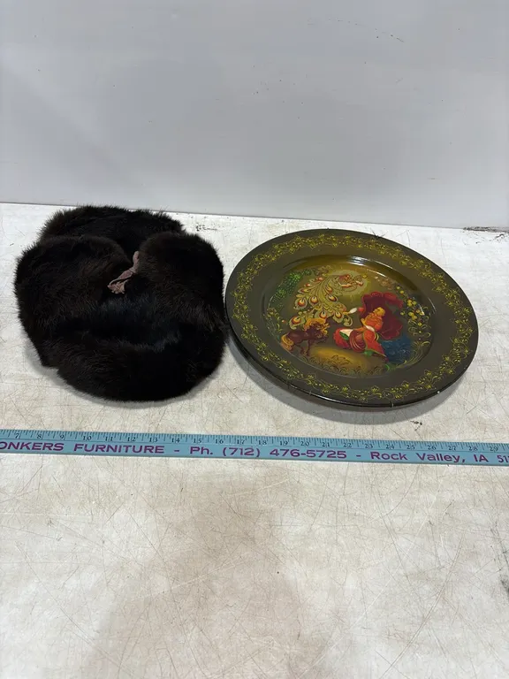 Russian Fur Hat and Painted Plate