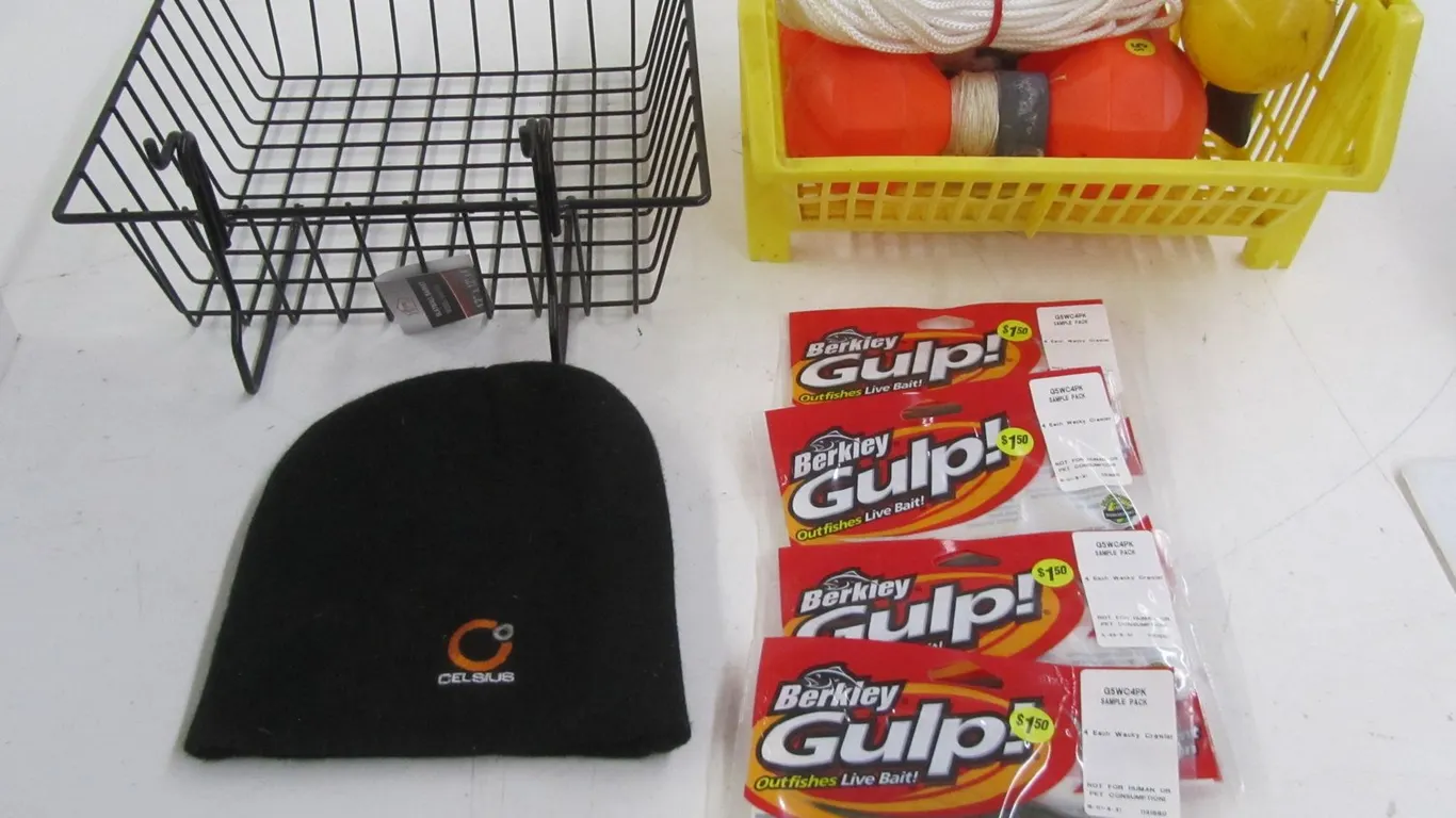 (4) Marking Buoys, (5) Berkley Gulp Wacky Crawler Sampler Packs, Nylon Rope, And More