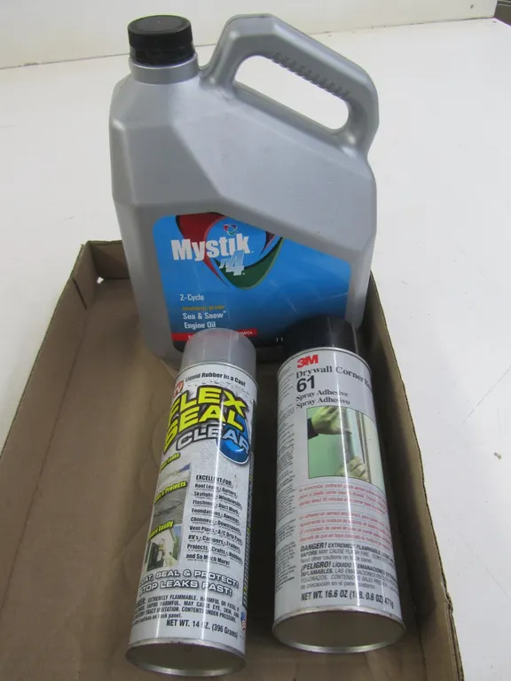 1 Gallon Of Mystik JT4 2-Cycle Synthetic Blend Oil, Can Of Drywall Corner Bead, And Can Of Flex Seal
