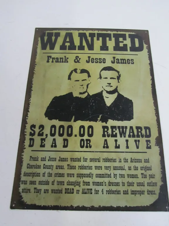 Metal Frank & Jesse James Wanted Sign