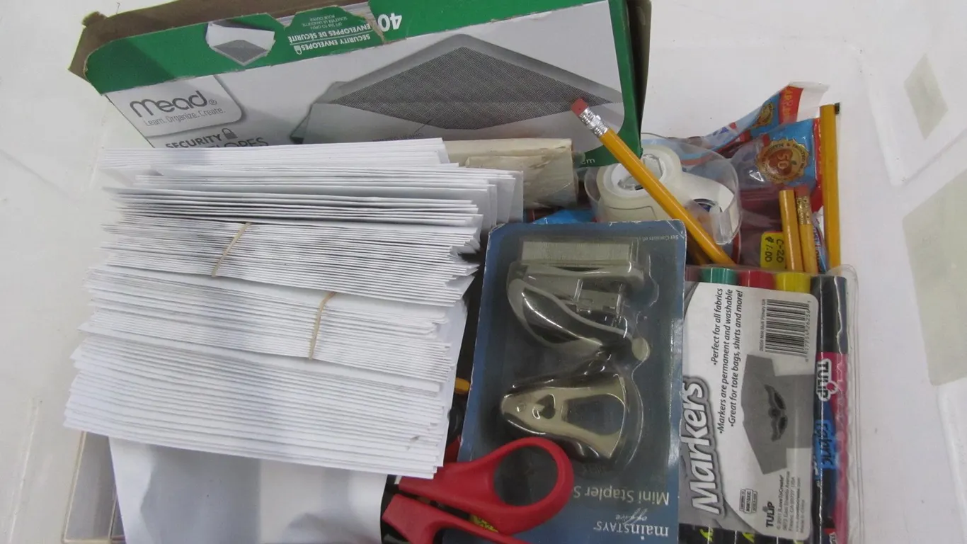 Tote Of Assorted Office Supplies