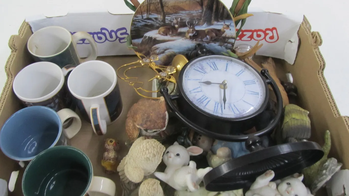 Lot Of Assorted Figures, Collector Plate w/Stand, And Coffee Mugs