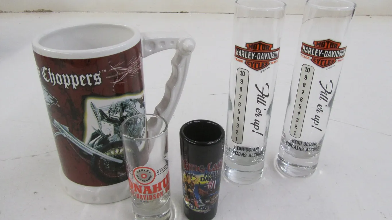 (4) Harley-Davidson Collector Shot Glasses And Ceramic Beer Mug
