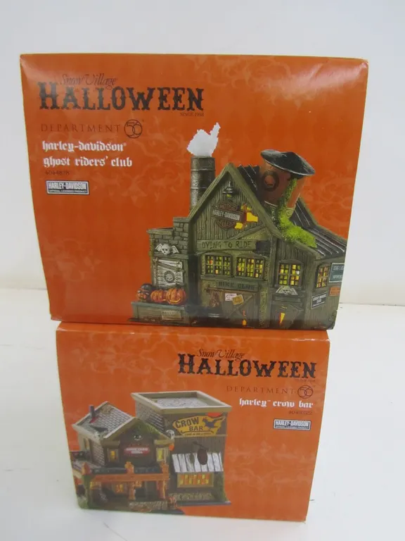 (2) Department 56 Halloween Harley-Davidson Lighted Ceramic Buildings