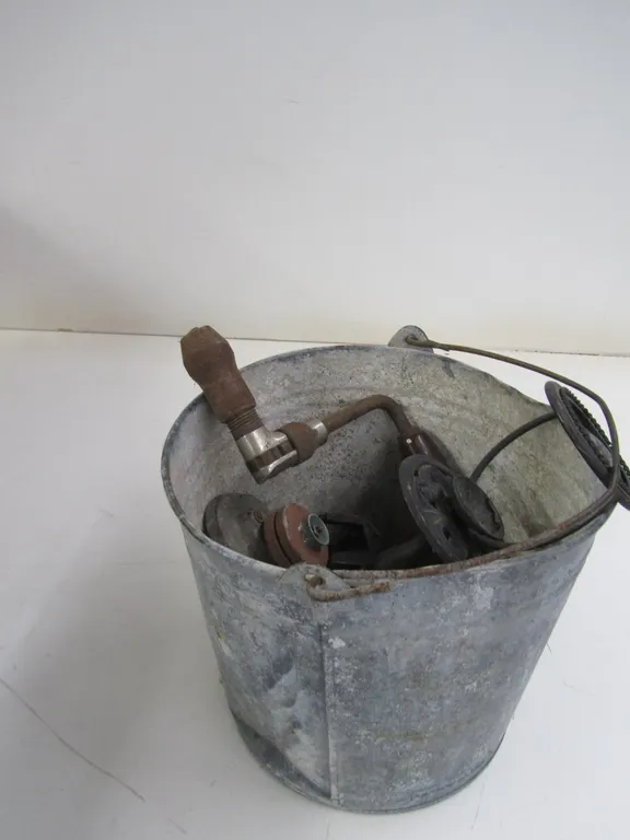 Galvanized Bucket w/Vintage Tools