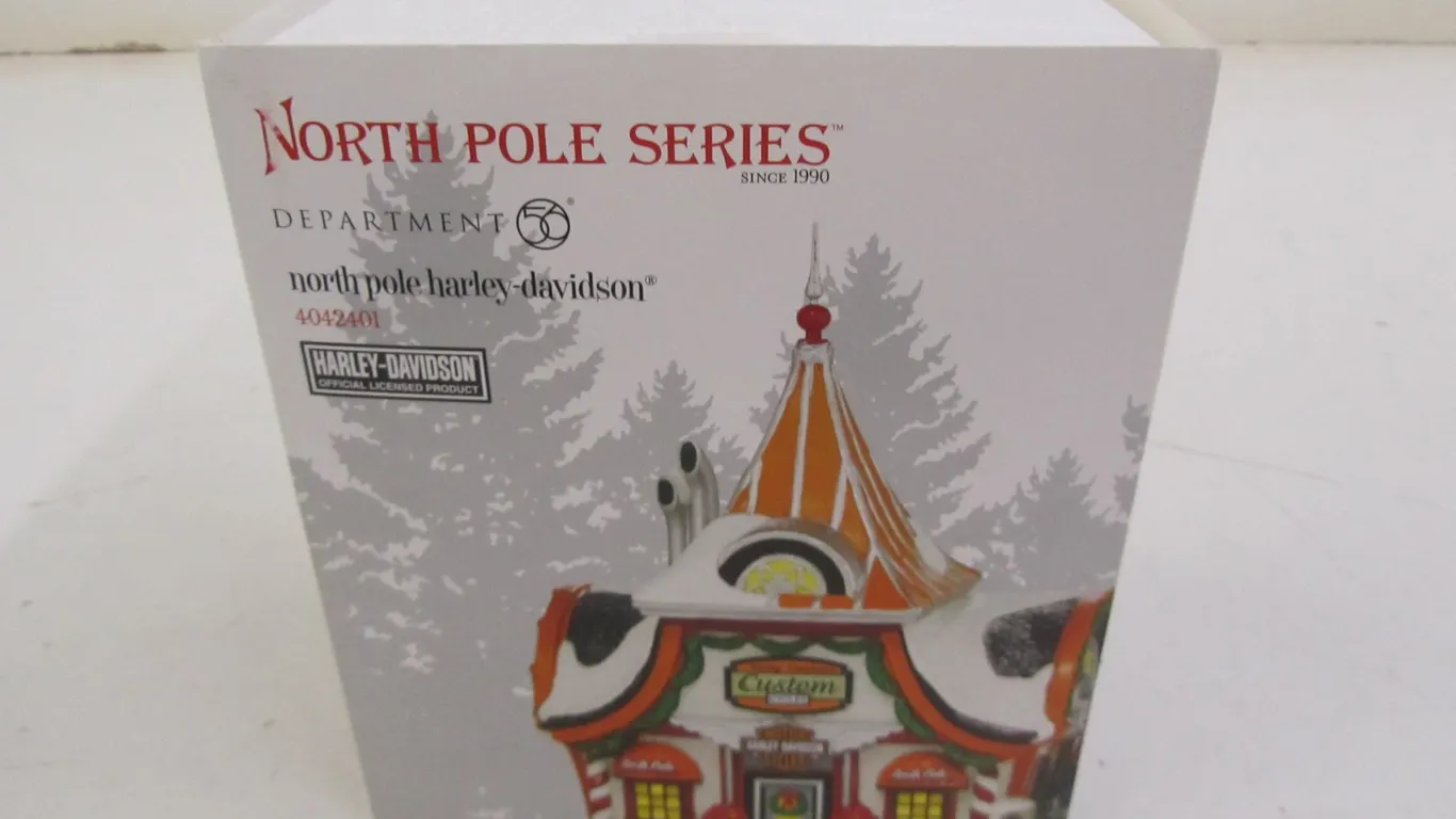 Department 56 North Pole Series Harley-Davidson Lighted Porcelain Building