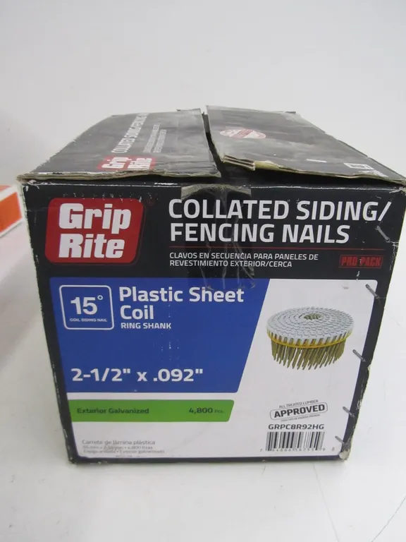 Box Of (4,800) Grip Rite 15 Degree Plastic Sheet Coil Collated Siding/Fencing Nails