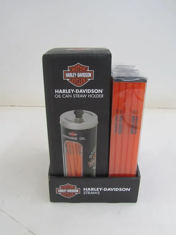 Harley-Davidson Oil Can Straw Holder With (8) Packs Of Harley-Davidson Straws