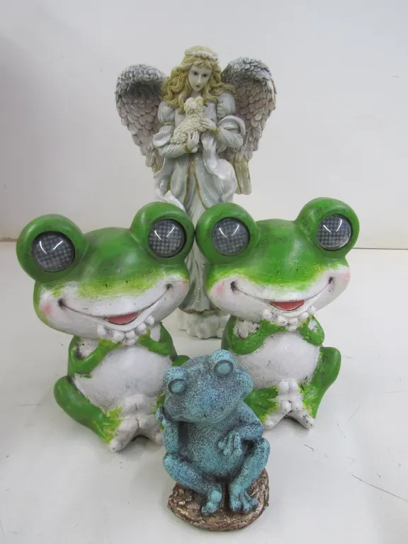 (2) Solar Frog Light Yard Decorations, Angel Statue, And More