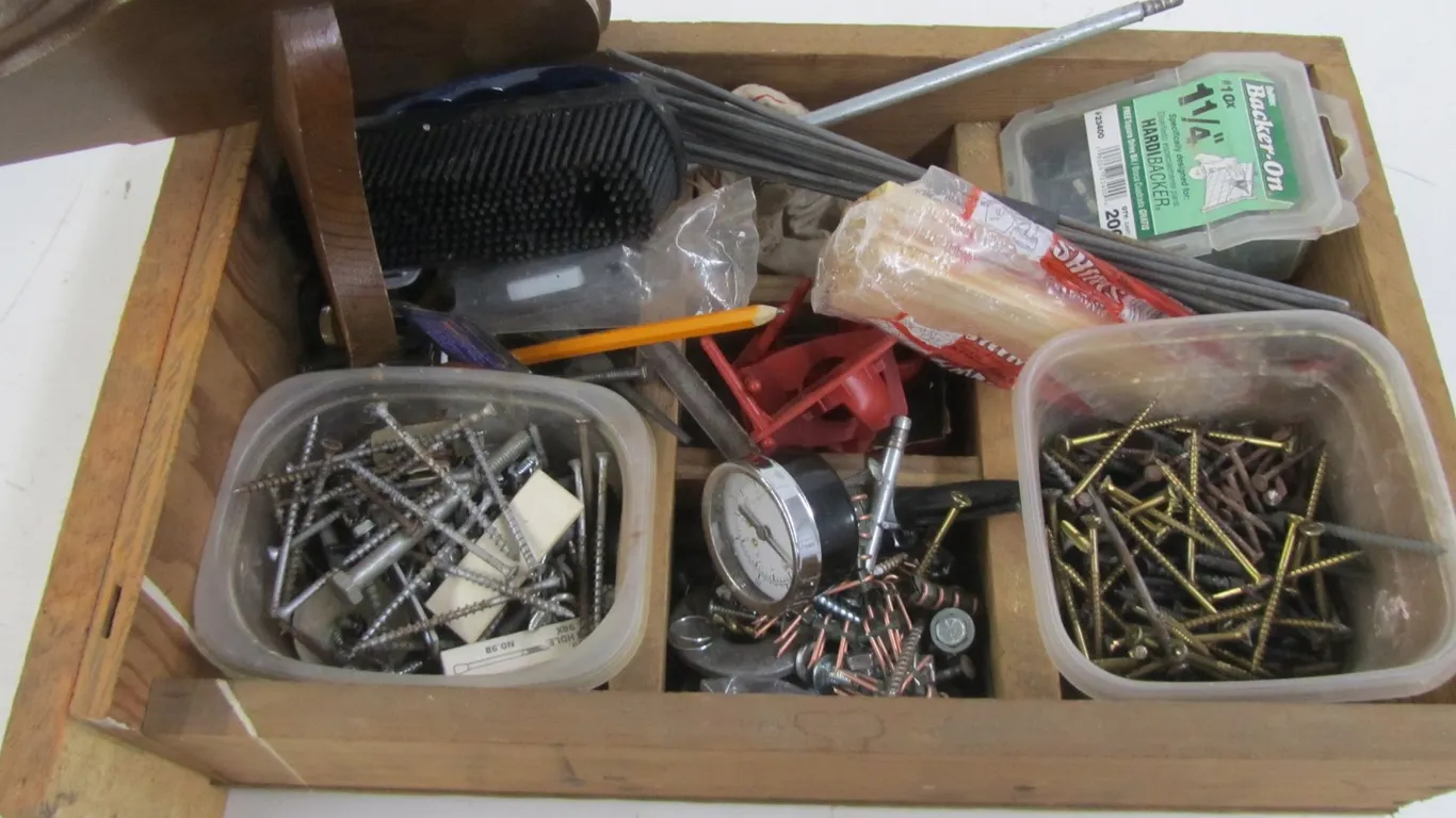 Wood Drawer Full Of Assorted Hardware