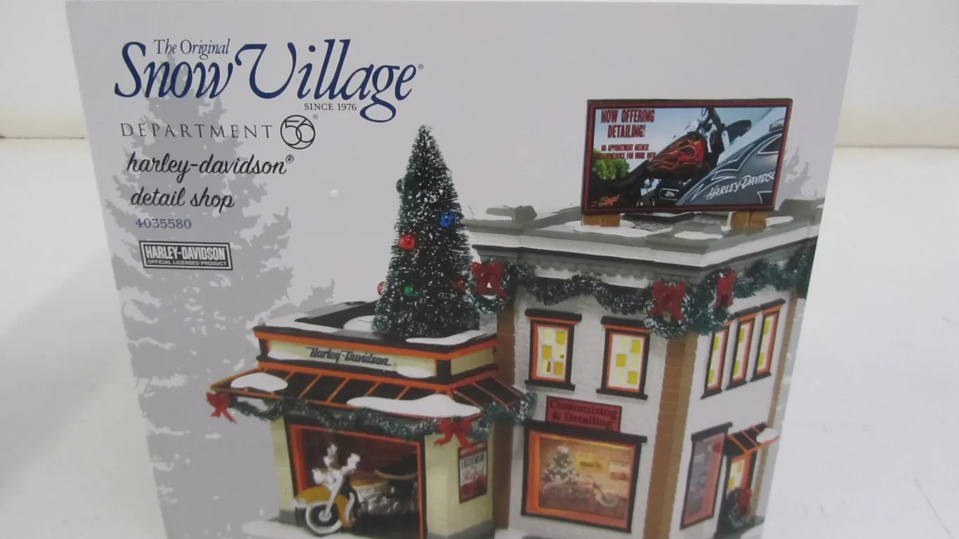 Department 56 Snow Village Harley-Davidson Detail Shop Lighted Ceramic Building