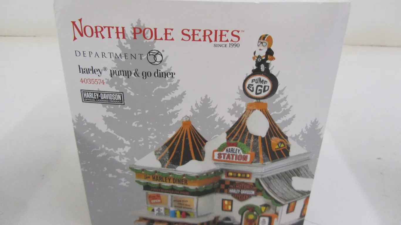 Department 56 North Pole Series Harley-Davidson Harley Pump & Go Diner Lighted Ceramic Building